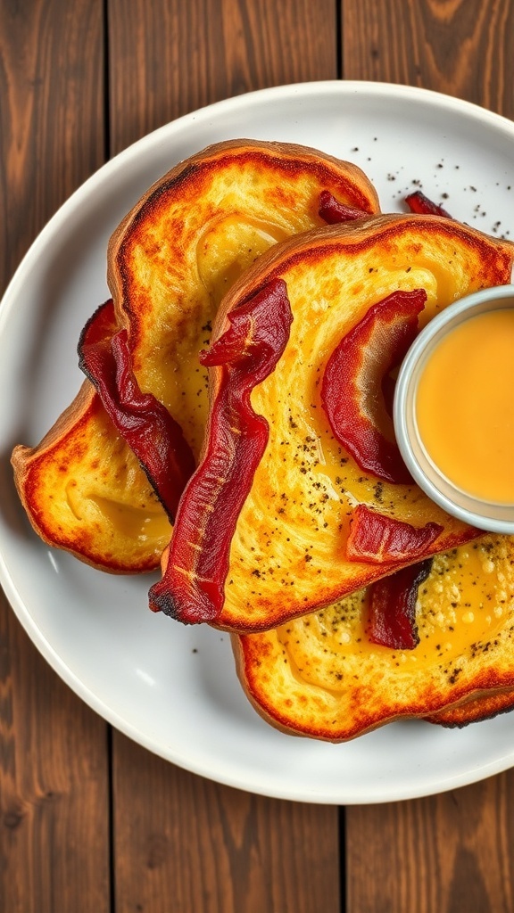Savory French toast made from bacon, served on a plate with dipping sauce.